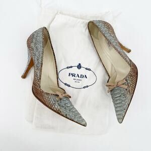 Prada Vintage Teal Brown Ombre Python Snakeskin Pointed Toe Bow Pump Heel IT 40